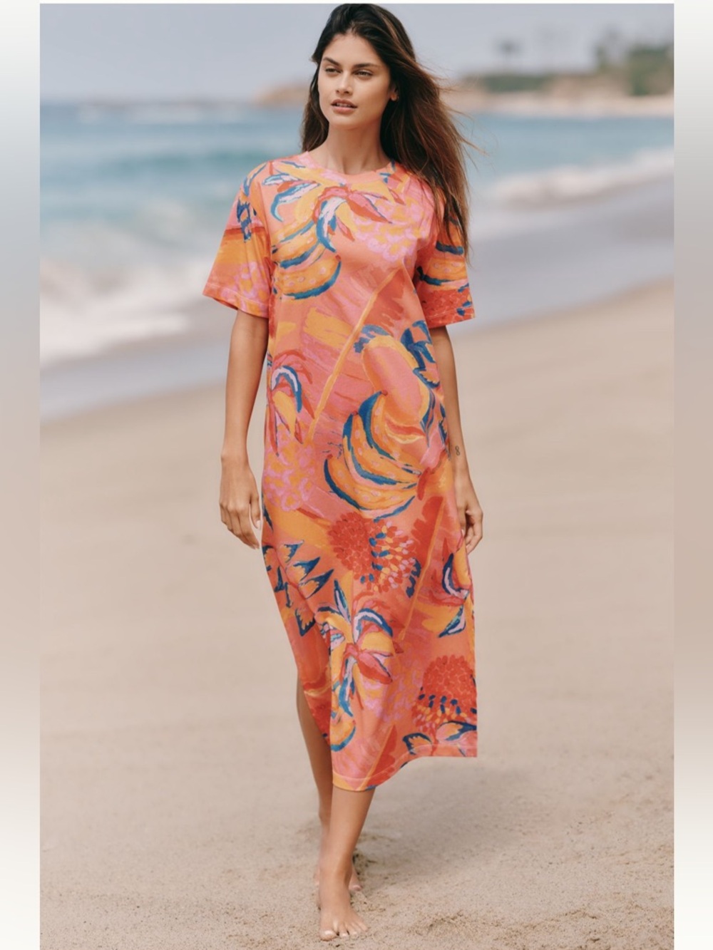 Farm Rio x Anthropologie Cotton Midi T-Shirt Dress — Fruit Brush NWT L GWP
